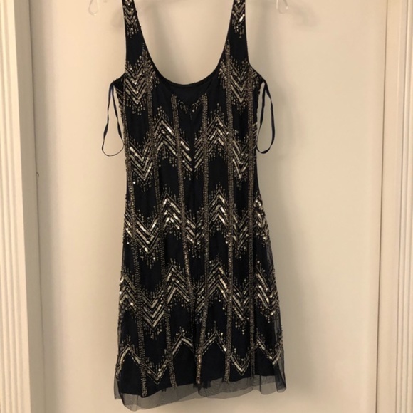 NEW Adrianna Papell Chevron Beaded Mesh Tank Dress in Navy [SZ 0 ]‎ - Picture 8 of 9